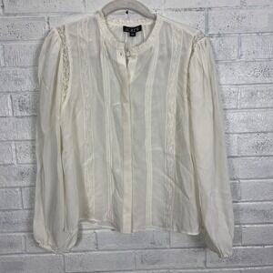 J.Crew Lace Trim Pintuck Top in Crepe De Chine Womens Size 6 Ivory Button Front